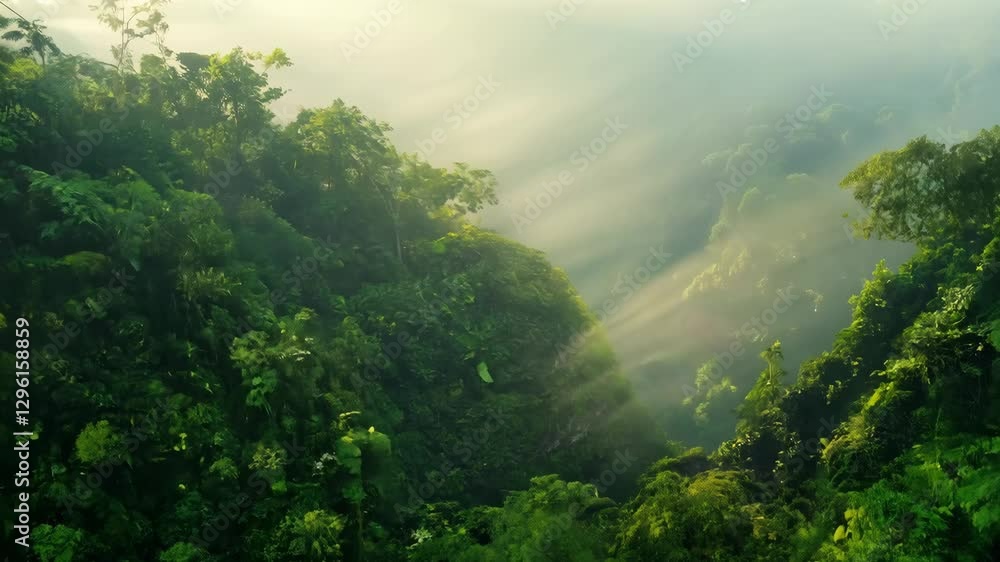 Aufkleber sunlight filtering through misty layers, illuminating verdant valley with lush greenery and atmosphe