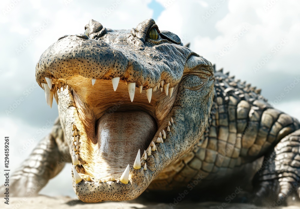 Aufkleber realistic close-up of a powerful alligator with open mouth displaying sharp teeth against a dramatic