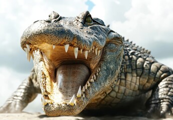Obraz premium Realistic Close-up of a Powerful Alligator with Open Mouth Displaying Sharp Teeth Against a Dramatic Sky Background