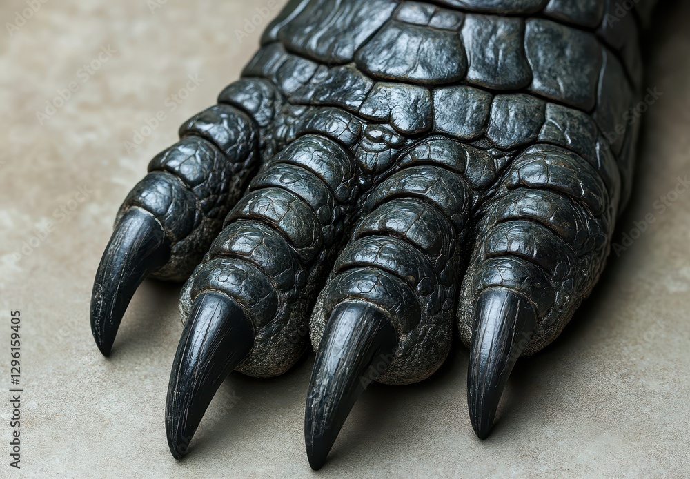 Poster realistic close-up of a reptilian claw showing intricate textures and sharp talons against a neutral