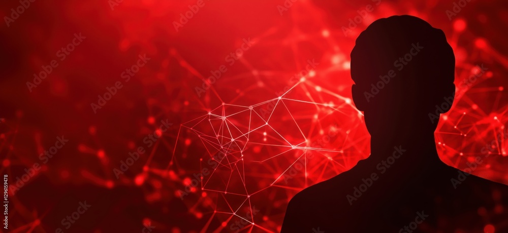 Aufkleber silhouette of a person against a red abstract background with network connections, copy space for te