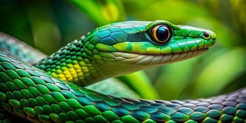 Bokeh Portrait of a Vibrant Green Parrot Snake (Leptophis ahaetulla) in Lush Foliage