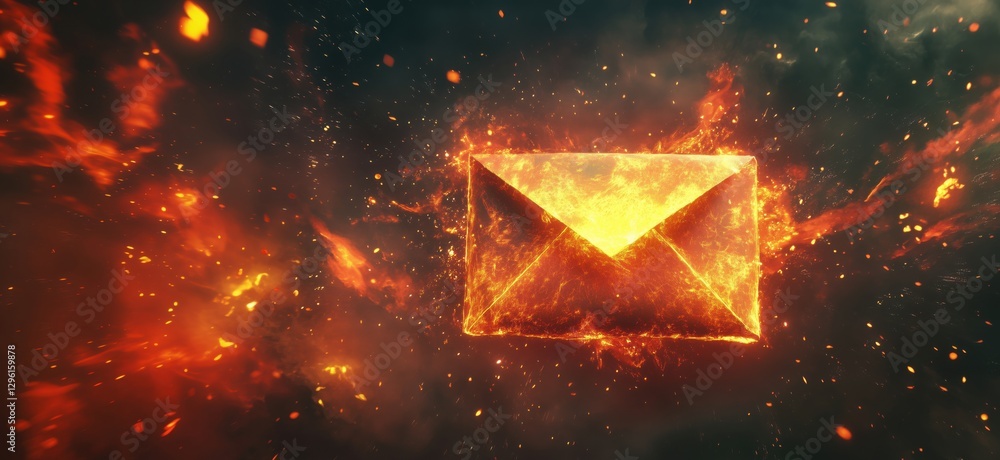 Poster fiery envelope symbolizing urgent communication and digital messages, copy space for text