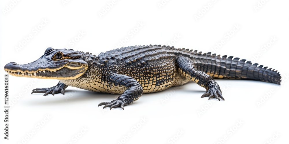 Poster realistic close-up of an alligator on a white background, capturing the unique texture and detail of
