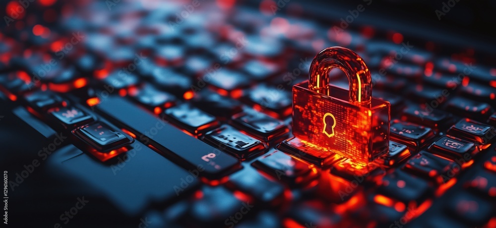 Poster digital security lock glowing on keyboard representing cybersecurity and data protection, copy space
