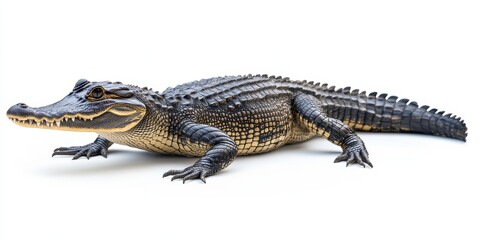 Obraz premium Realistic Close-Up of an Alligator on a White Background, Capturing the Unique Texture and Detail of Its Scales and Powerful Body Structure