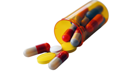 Colorful pills spilling from prescription bottle with transparent background