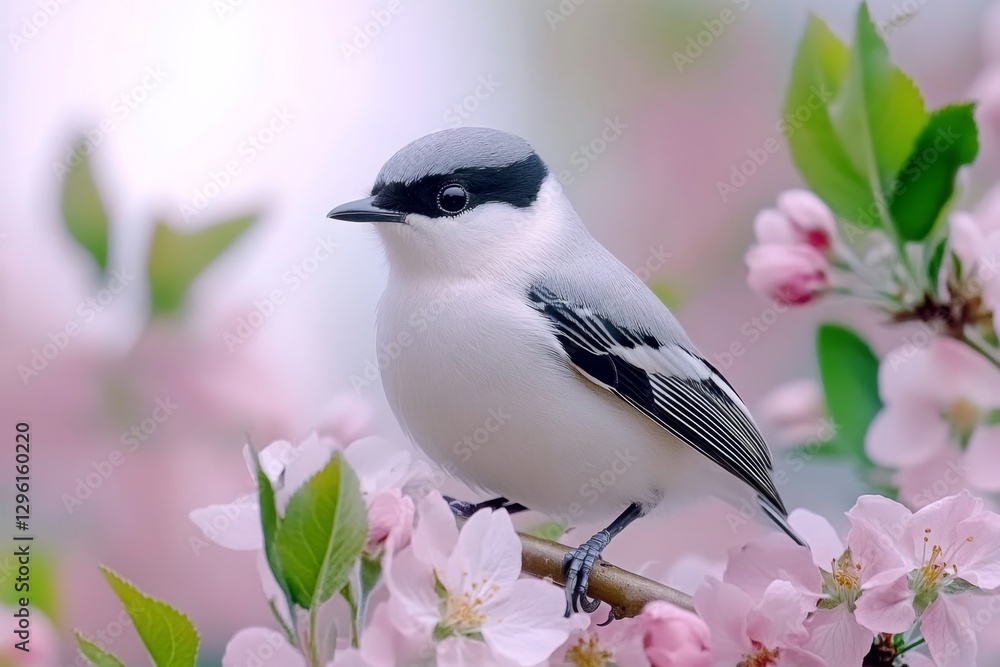 Poster a small bird perched on the branch of an apple tree, surrounded by blooming flowers and soft sunligh