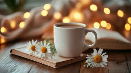 white coffee cup on wooden table with daisies and warm lights
