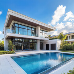 Fototapeta premium Front villa exterior with modern swimming pool. Suburban mansion building with garage and city view. Residential family cottage in Florida village.