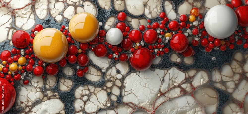 Poster abstract representation of colorful spheres and organic textures in a fluid-like composition, copy s