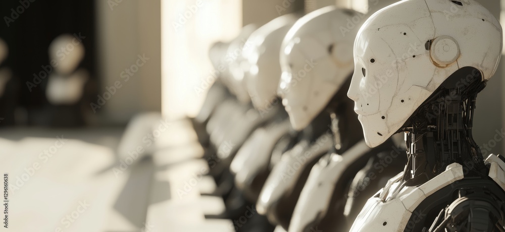 Poster row of humanoid robots showcasing advanced robotics technology and design, copy space for text