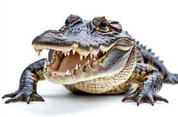 Fototapeta premium Realistic close-up portrait of an alligator on a white background showcasing detailed textures and vibrant colors of skin and teeth for wildlife enthusiasts