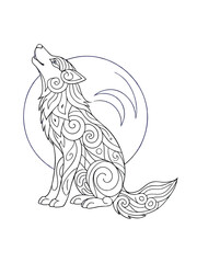 Tribal-Inspired Wolf Howling at the Moon – Adult Coloring Page on White Background