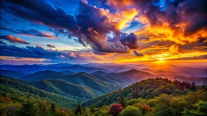 Breathtaking Blue Ridge Mountains Sunset Panorama - Vibrant Night Sky Colors
