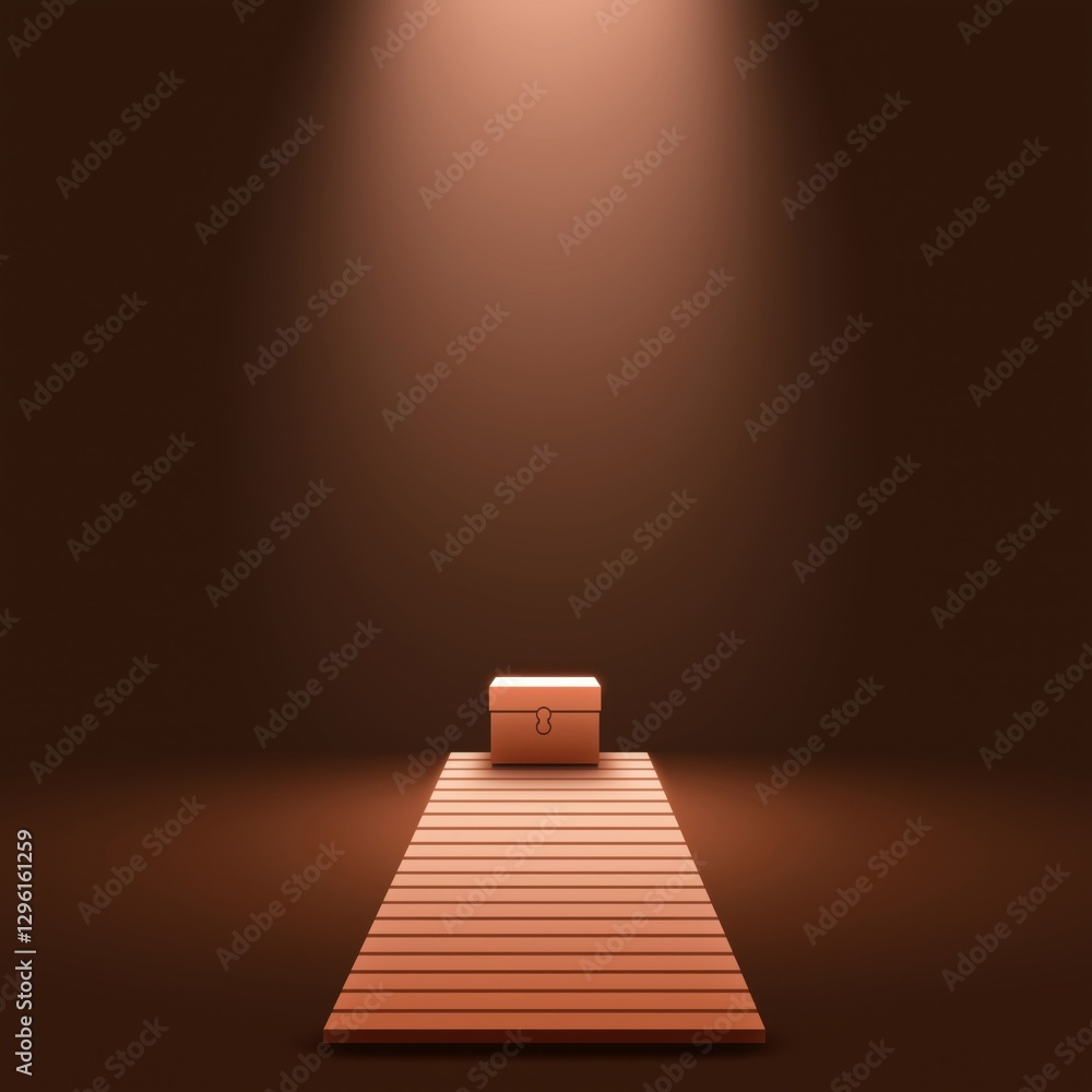 Poster a simple wooden mat with a small box sits under a soft spotlight in a dark, minimalist setting, crea