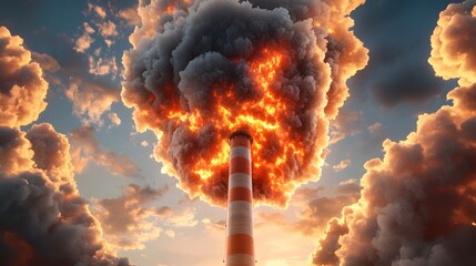 Fototapeta premium an industrial chimney emitting thick smoke with fiery flames against a cloudy sky, symbolizing environmental pollution and climate change