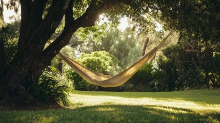Rare illness patient relaxing in a hammock under a tree in a peaceful outdoor setting. Featuring rest and nature