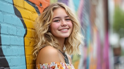 Naklejka premium A radiant teenager, adorned in a summery hipster ensemble, exudes an infectious smile as she poses confidently against the vibrant backdrop of an urban street scene, her blonde hair cascading down