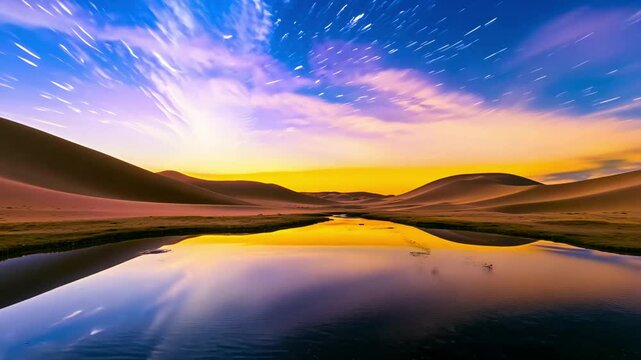Starry sunset trails reflecting across sandy desert lake surface, revealing luminous landscape within Badain Jaran Desert's remote Inner Mongolian terrain