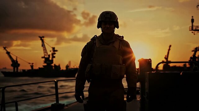 The striking silhouette of a Soldier valiantly posed against a breathtakingly dramatic sunset at the sea