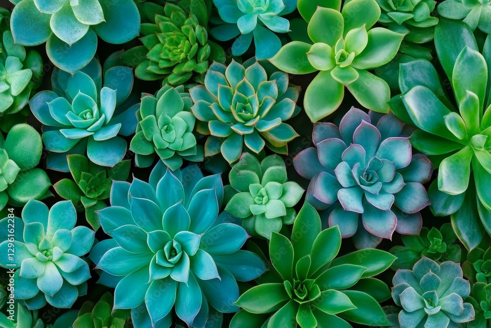 Poster a top view of succulents in shades of teal and emerald, with dark green leaves in the background. th