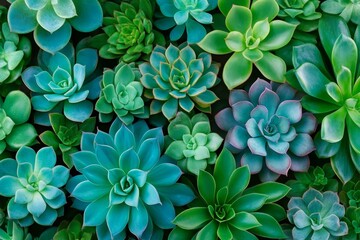 A top view of succulents in shades of teal and emerald, with dark green leaves in the background. The plants have intricate patterns on their leaves, creating an elegant composition. Soft lighting