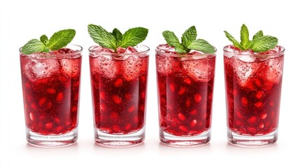 Four glasses of pomegranate juice with ice and mint.