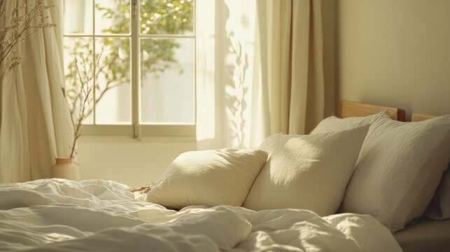 Rare illness patient relaxing in a sunlit bedroom with soft linens. Featuring rest and recovery