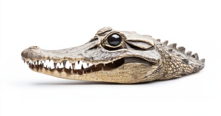 Fototapeta premium Realistic crocodile skull sculpture with intricate details featuring sharp teeth and glossy eyes on a pure white background perfect for artistic displays