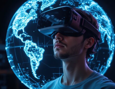 Man wearing virtual reality headset against digital world map