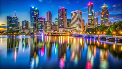 Obraz premium Brisbane Night Skyline, City River Reflections, Australia - Candid Cityscape Photography