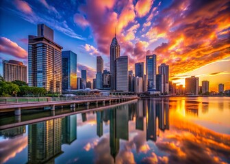 Obraz premium Brisbane Sunrise Skyline Macro Photography: Dramatic Cityscape at Dawn