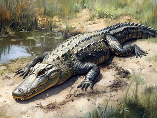Obraz premium Realistic depiction of a crocodile basking in the sun near a serene water body surrounded by lush greenery and vibrant natural habitat environment