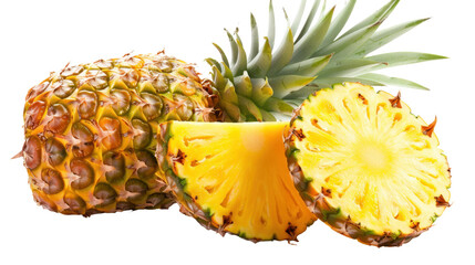 Ripe pineapple showing cross section and whole fruit on transparent background
