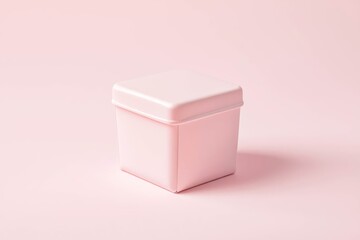 Square packaging mockup with a minimal design on a soft pink background.