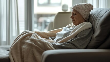 Rare illness patient relaxing on a comfortable sofa with a heated blanket. Featuring warmth and comfort
