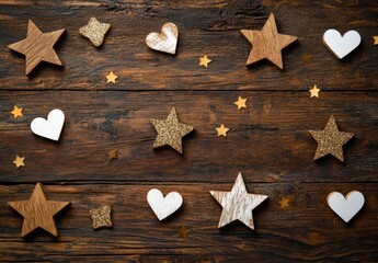 Decorative Wooden Stars and Hearts on Rustic Wooden Background