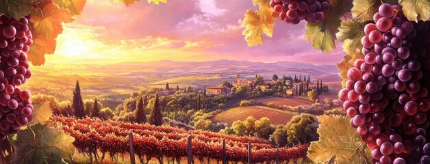 Sunset over a medieval village in a vineyard landscape with ripe grapes in the foreground