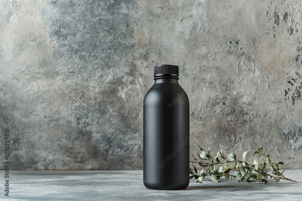 Poster plastic bottle mockup with a cap and label design on a smooth grey surface.