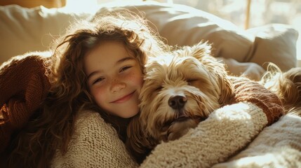 A young girl is hugging a small dog