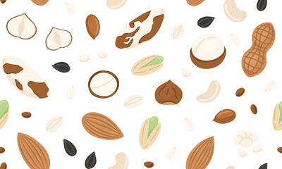 Assorted nuts and seeds seamless pattern. Walnut, almond, hazelnut, peanuts dry, pistachio, macadamia and sunflower seed. Vegan food ingredients background. Vector illustration