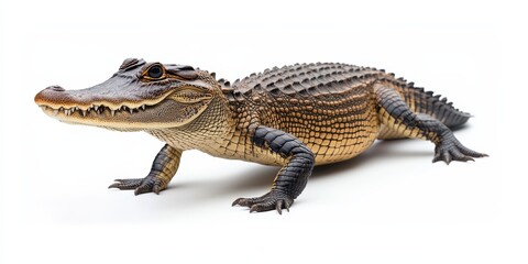 Naklejka premium Realistic depiction of a crocodile on a white background showcasing textures and colors of skin, highlighting its sharp teeth and powerful body structure