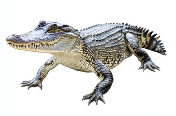 Naklejka premium Realistic depiction of a crocodile on a white background, showcasing textured skin, sharp teeth, and a poised stance in a natural pose