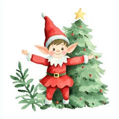 Watercolor christmas elf celebrating near tree festive scene indoor cheerful concept, isolated on white background