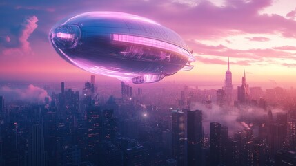 Naklejka premium Futuristic Airship Soaring Above a Cyberpunk City at Sunset