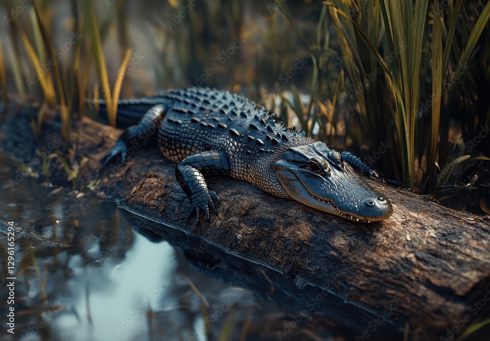 Aufkleber realistic depiction of a crocodile resting on a log in a tranquil wetland environment surrounded by 