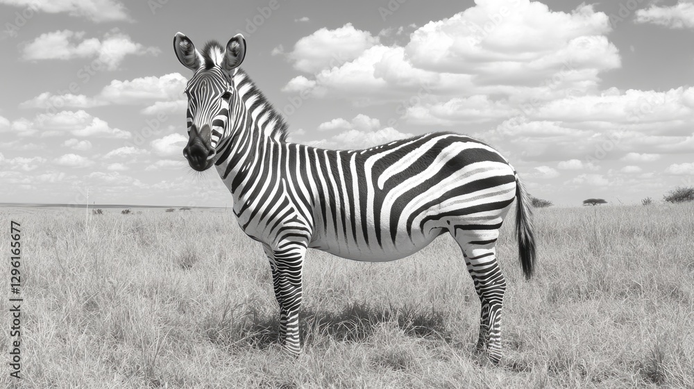 Poster a zebra standing in a field with a cloudy sky in the background. the zebra is the main focus of the 