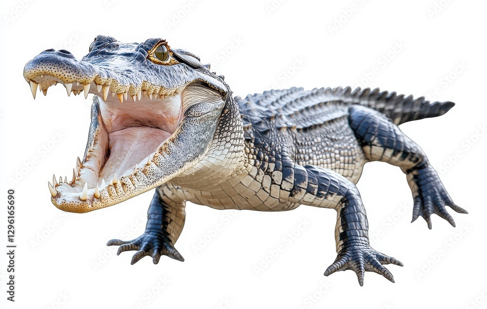 Poster realistic depiction of a crocodile with an open mouth showcasing sharp teeth and textured skin on a 