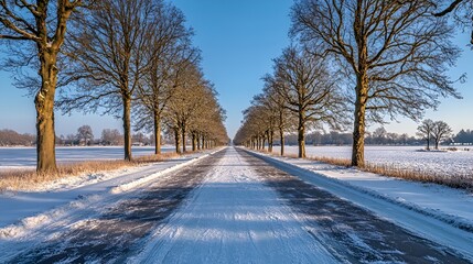 Snowy Forest Path with Frosty Trees – Serene Winter Landscape